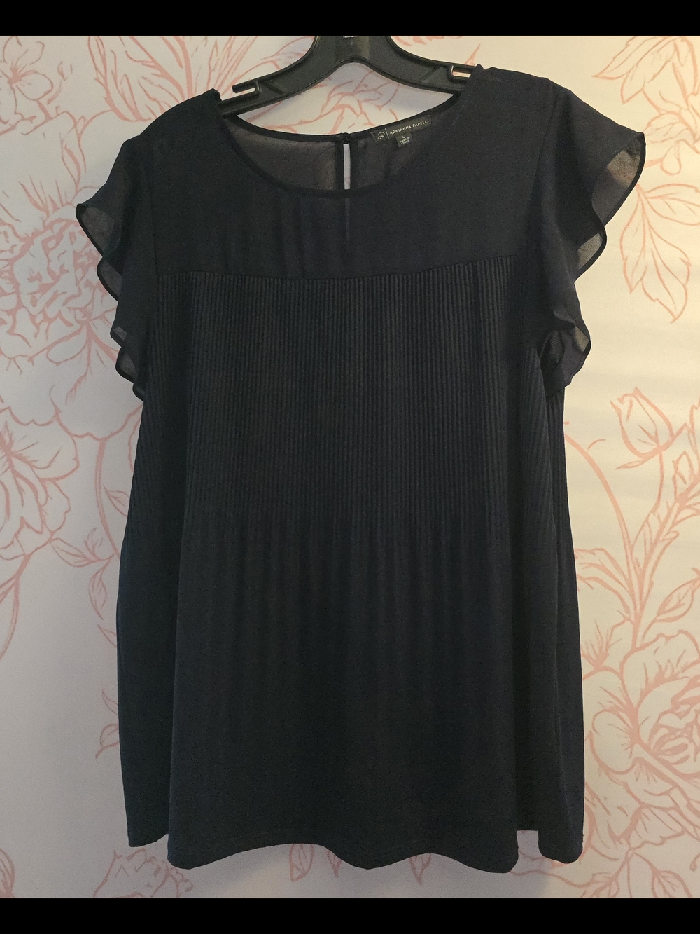 Adrianna Papell Navy Pleated Flutter Sleeve Blouse
